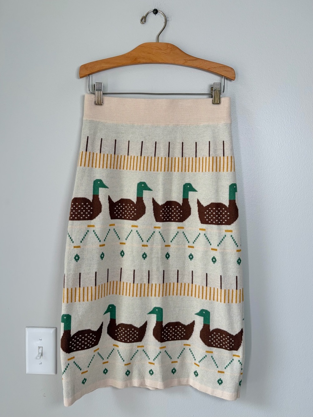 Pepaloves Mallard Duck Novelty Print Knit Midi Skirt Cottagecore Art To Wear